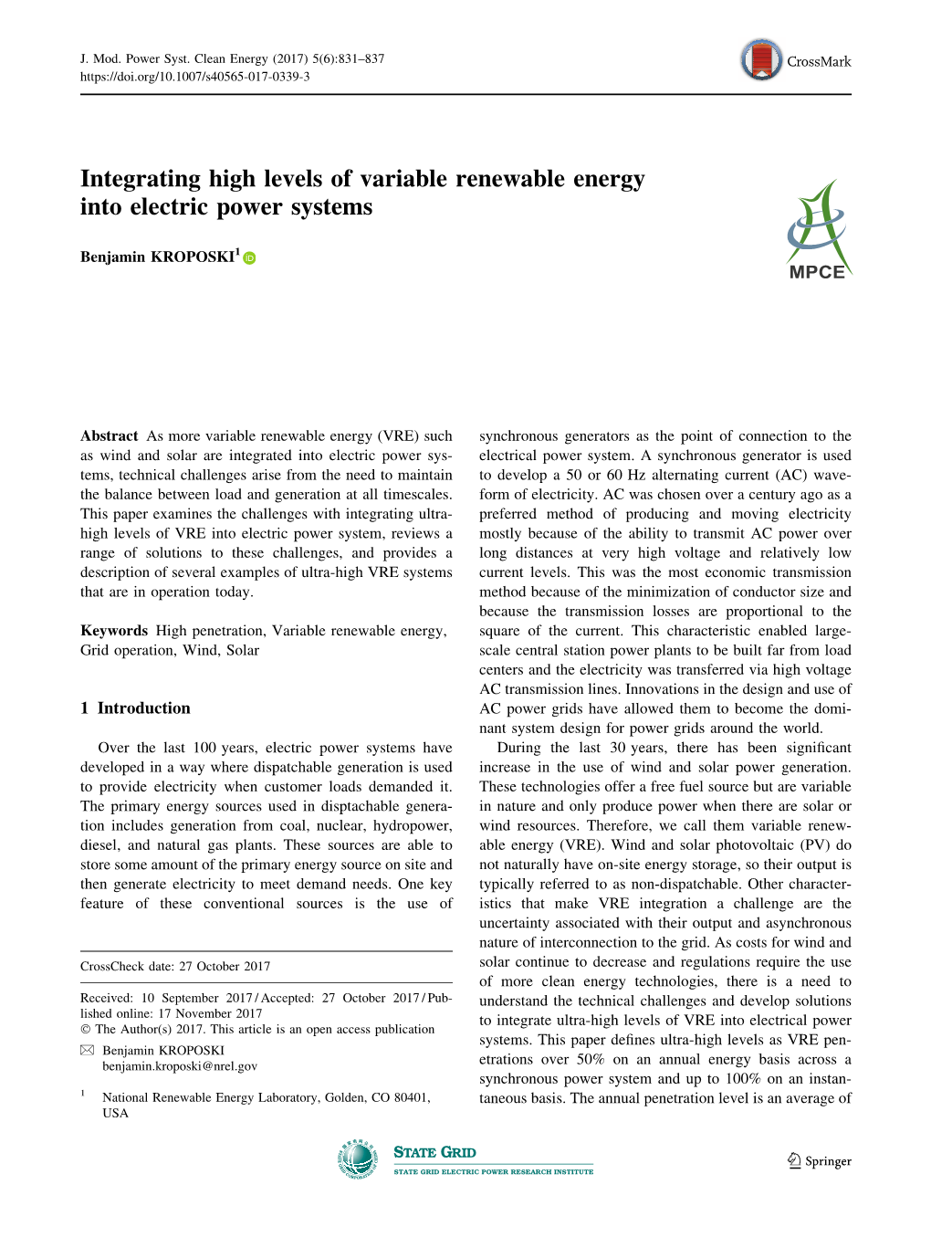 Integrating High Levels of Variable Renewable Energy Into Electric Power Systems