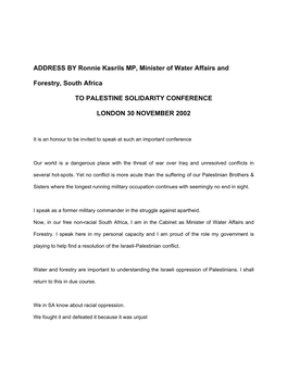 ADDRESS by Ronnie Kasrils MP, Minister of Water Affairs And