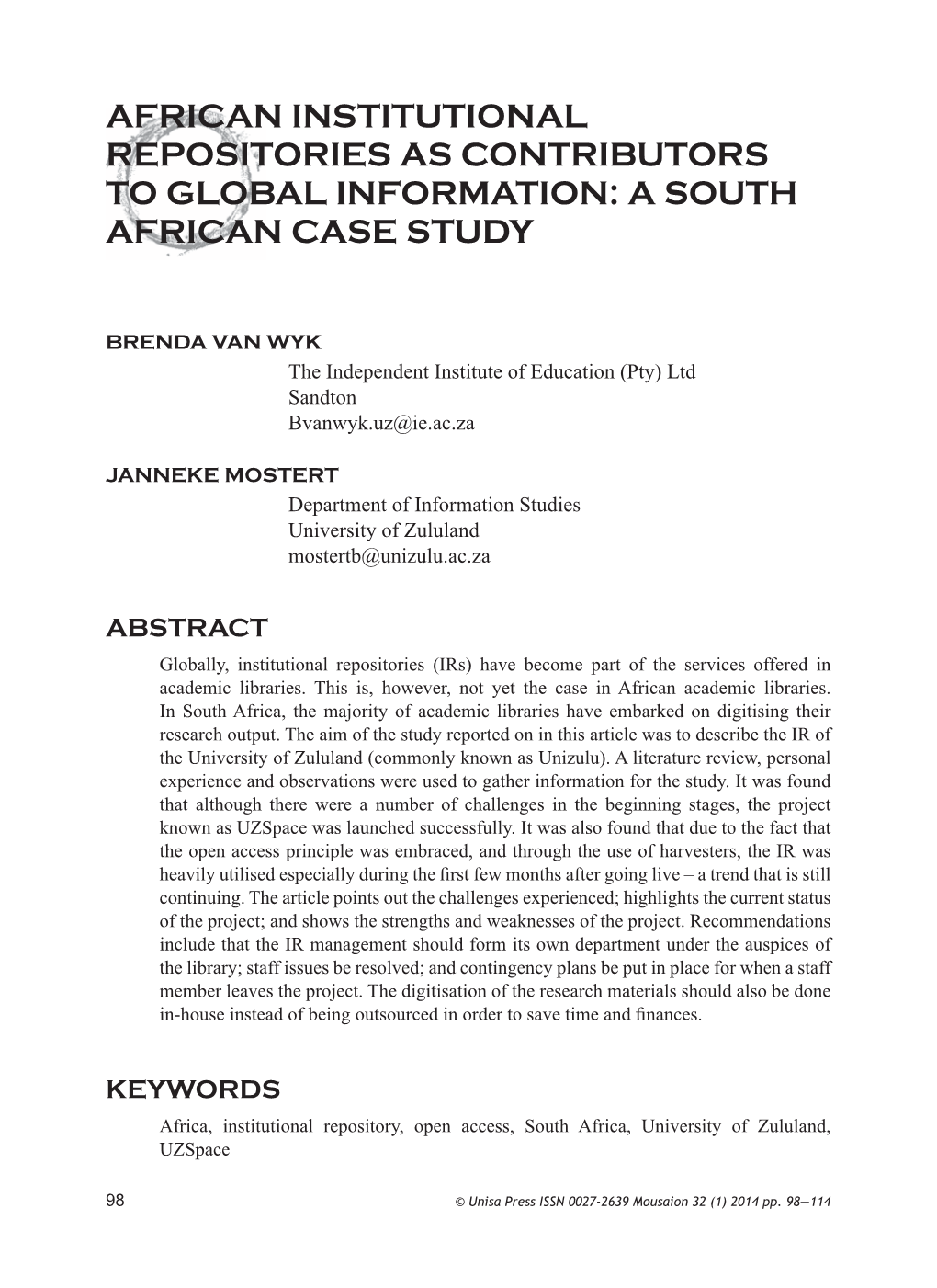 African Institutional Repositories As Contributors to Global Information: a South African Case Study