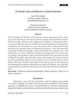 Al-Ghazali's Aims and Objectives of Islamic Education