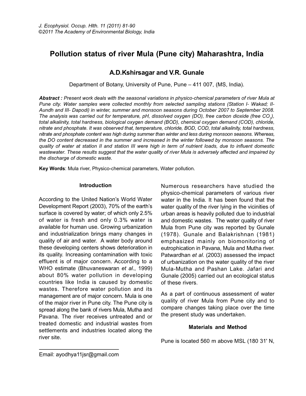 Pollution Status of River Mula (Pune City) Maharashtra, India