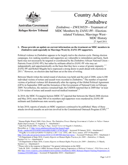 Country Advice Zimbabwe Zimbabwe ZWE38529 Treatment of MDC Members by ZANU-PF Election- Related Violence, Masvingo West MDC History 27 April 2011