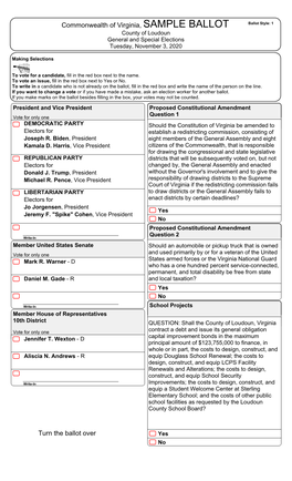 Commonwealth of Virginia, SAMPLE BALLOT Ballot Style: 1 County of Loudoun General and Special Elections Tuesday, November 3, 2020