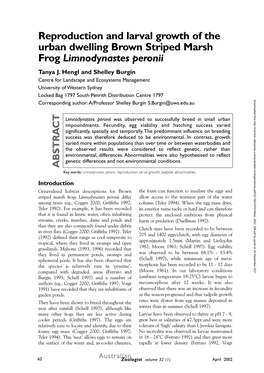 Reproduction and Larval Growth of the Urban Dwelling Brown Striped Marsh Frog Limnodynastes Peronii Tanya J