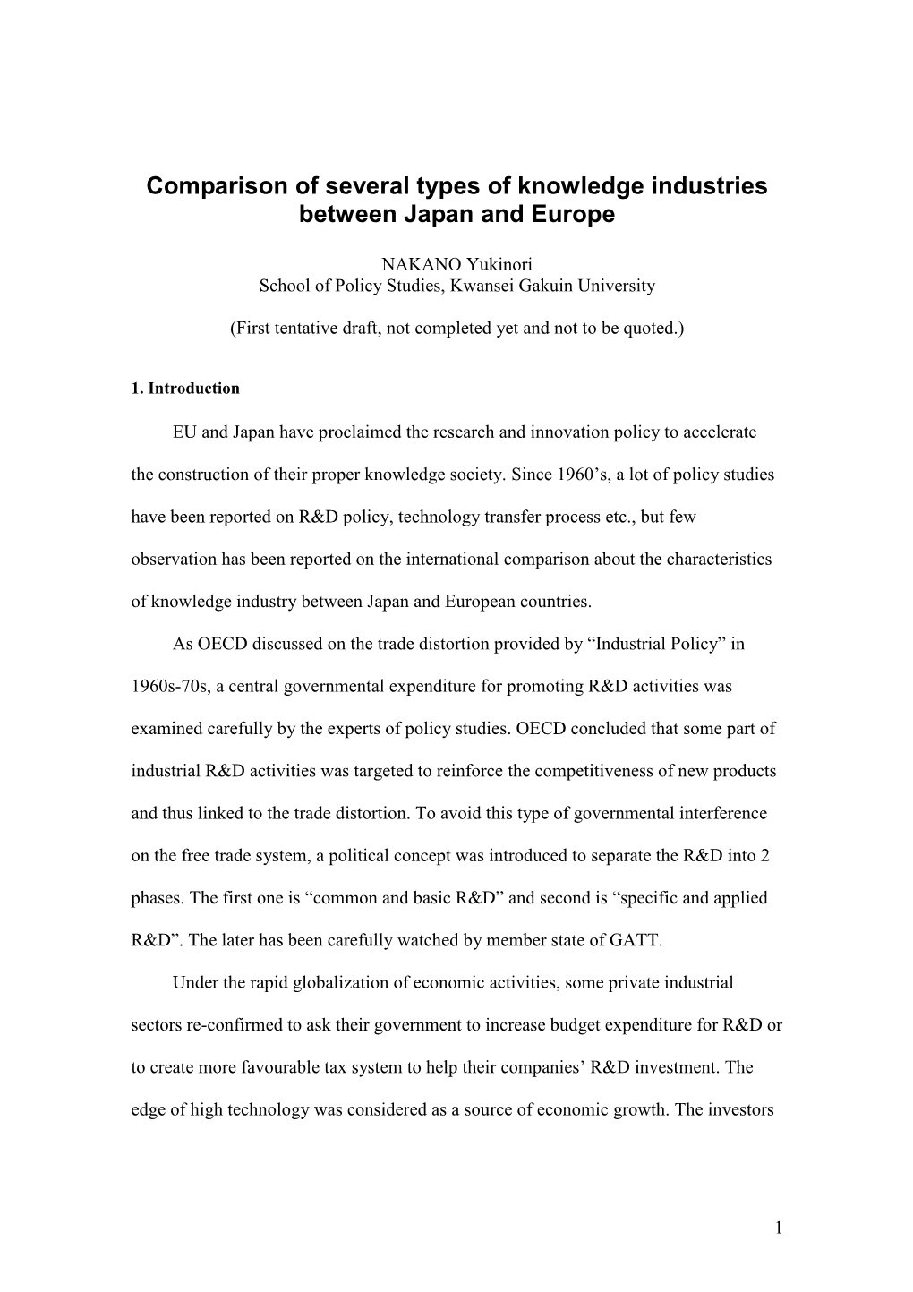 Comparison of Several Types of Knowledge Industries Between Japan and Europe