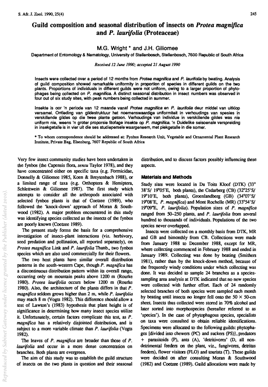 Guild Composition and Seasonal Distribution of Insects on Protea Magnifica and P