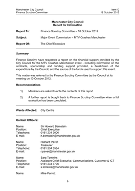 Report on the Major Event Commission to Finance Scrutiny