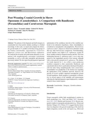 Post-Weaning Cranial Growth in Shrew Opossums (Caenolestidae): a Comparison with Bandicoots (Peramelidae) and Carnivorous Marsupials