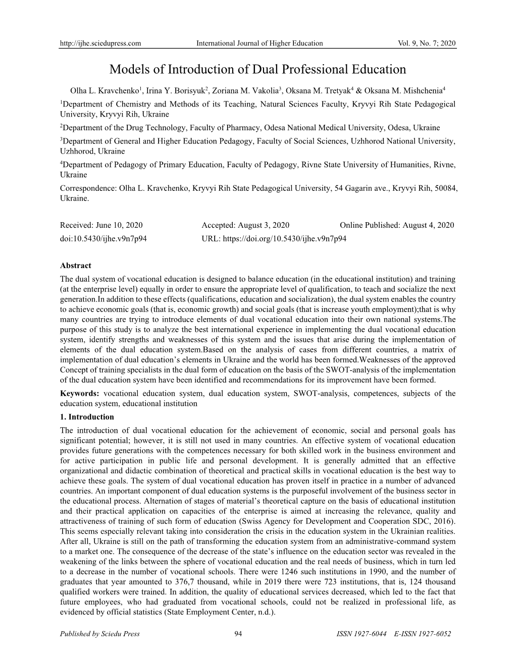 Models of Introduction of Dual Professional Education