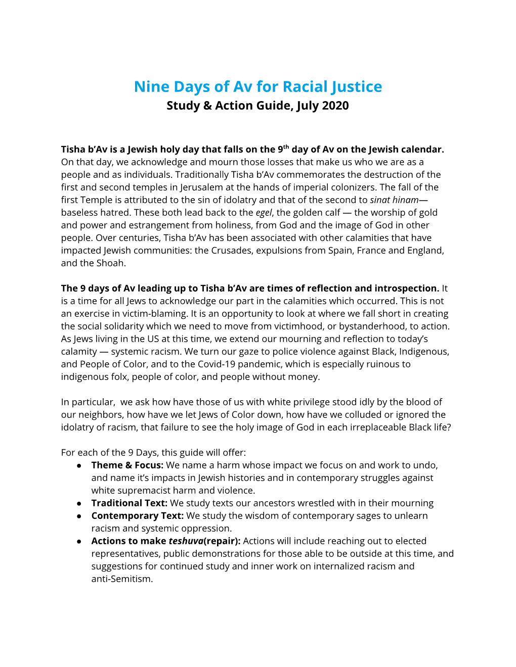 Nine Days of Av for Racial Justice Study & Action Guide, July 2020