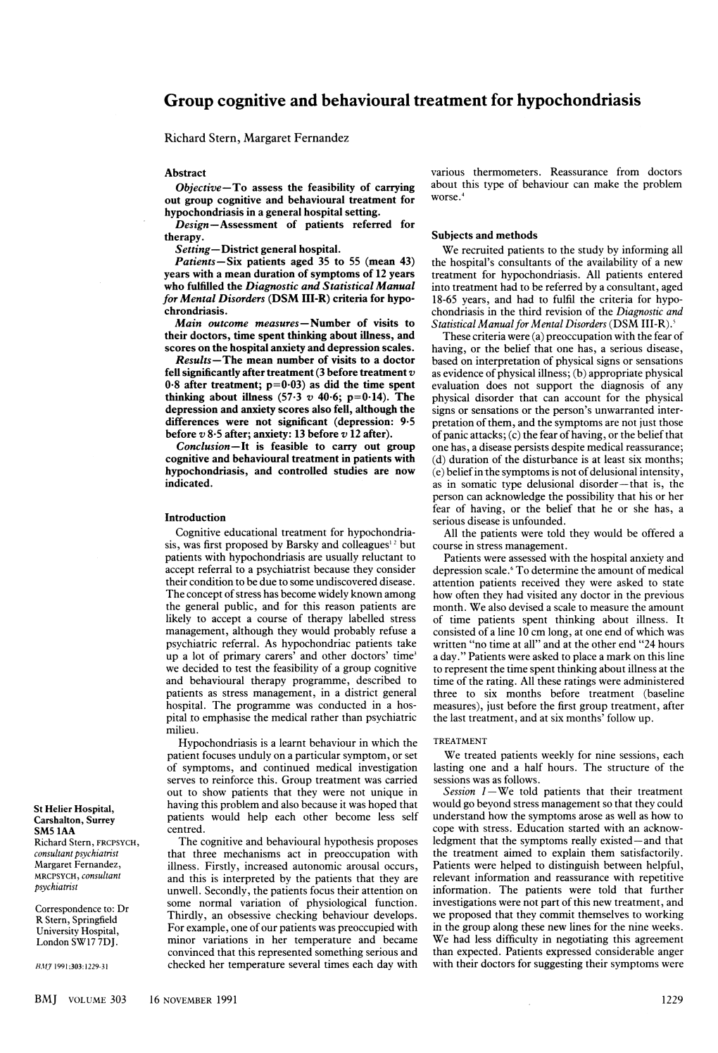 Group Cognitive and Behavioural Treatment for Hypochondriasis