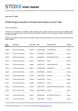 STOXX Changes Composition of Christian Indices Effective June 22Nd, 2020