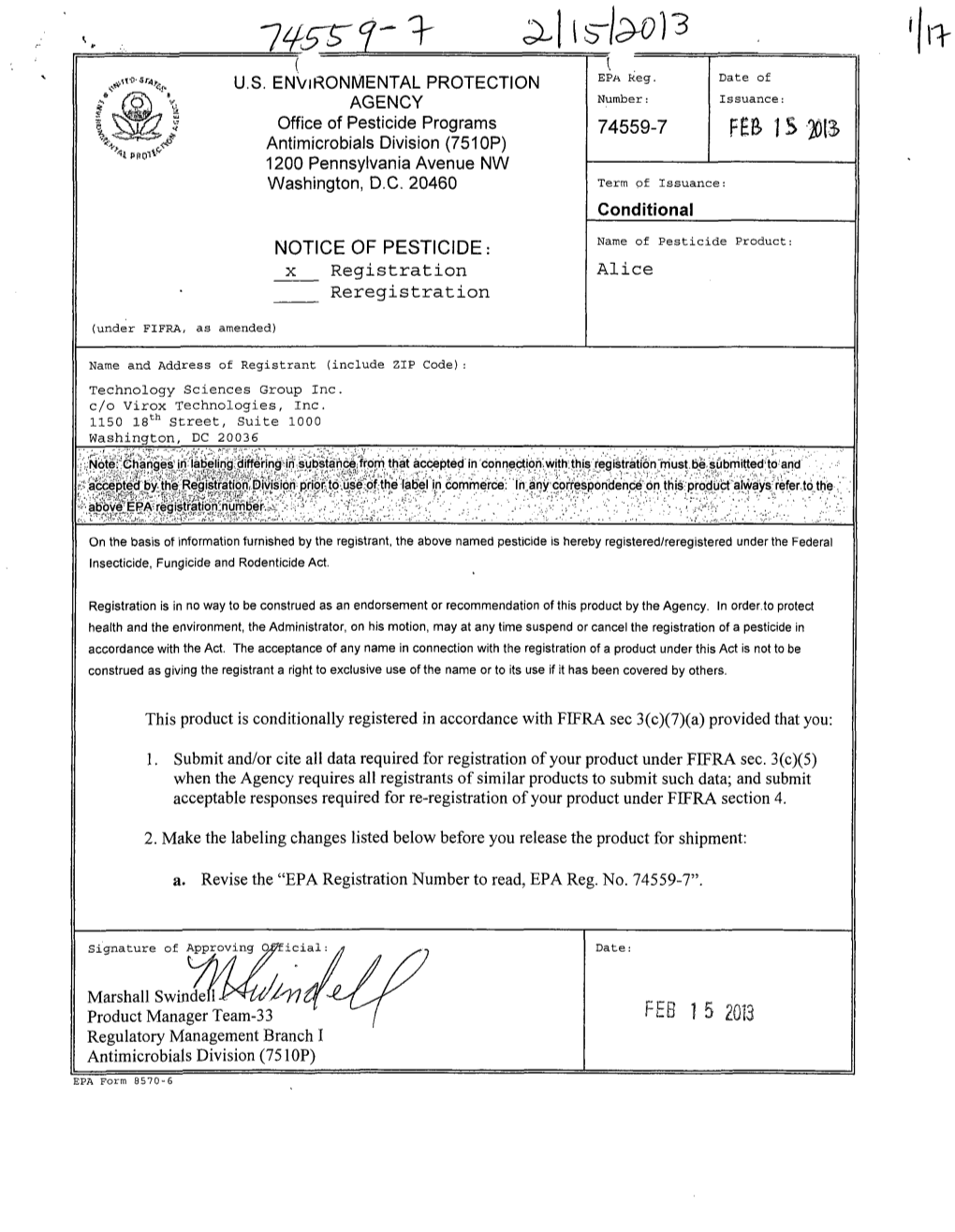 US EPA, Pesticide Product Label, ALICE, 02/15/2013