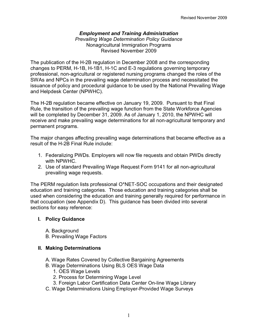 Prevailing Wage Determination Policy Guidance Nonagricultural Immigration Programs Revised November 2009