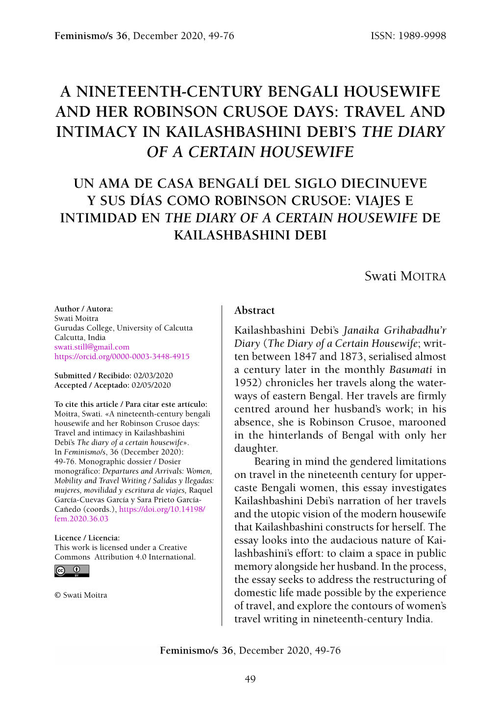 A Nineteenth-Century Bengali Housewife and Her Robinson Crusoe Days: Travel and Intimacy in Kailashbashini Debi’S the Diary of a Certain Housewife