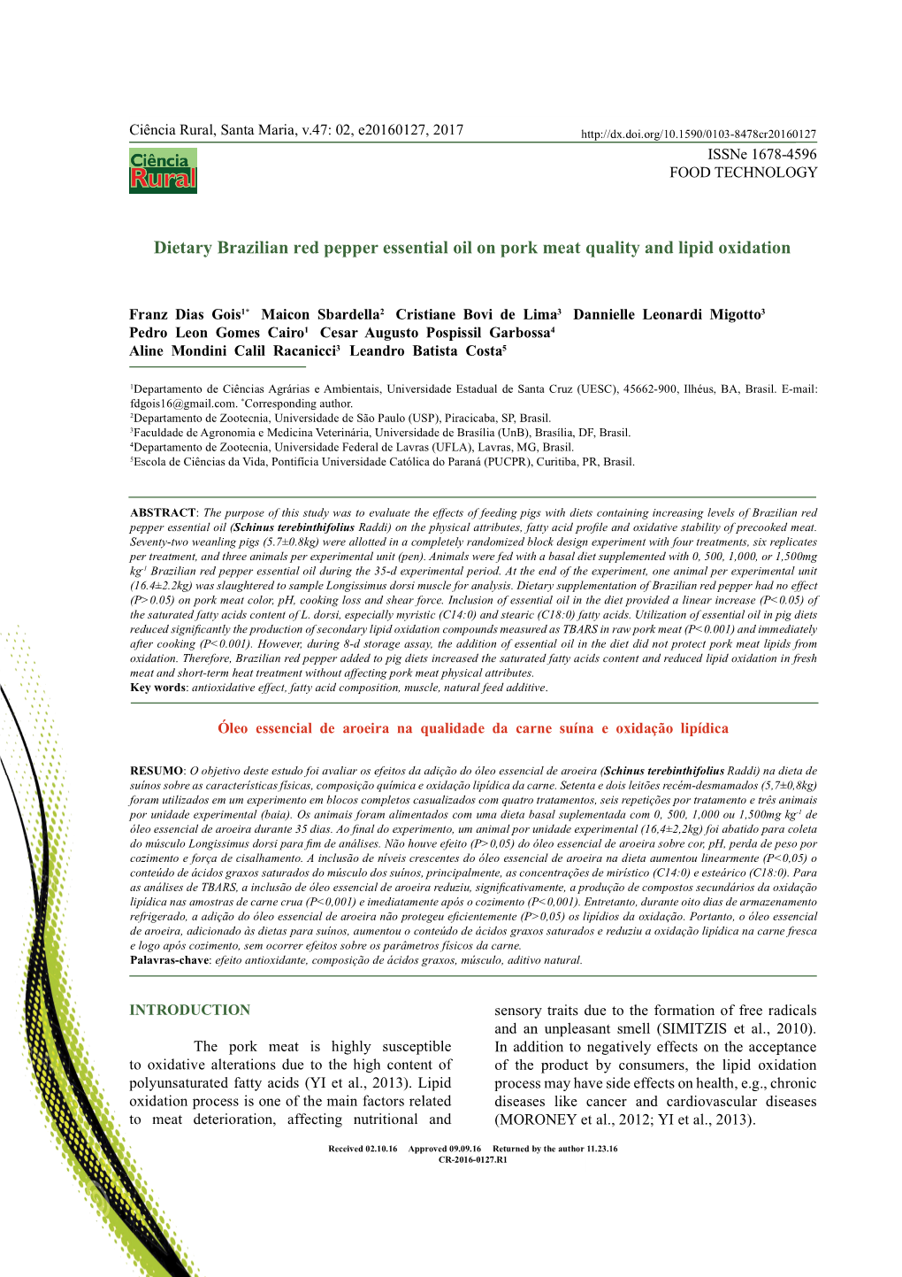 Dietary Brazilian Red Pepper Essential Oil on Pork Meat Quality and Lipid Oxidation