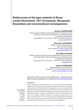 Rediscovery of the Type Material of Eryon Cuvieri Desmarest, 1817 (Crustacea, Decapoda, Eryonidae) and Nomenclatural Consequences