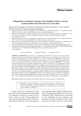 Independent Evolutionary Lineage of the Clingfish Gobiesox Adustus (Gobiesocidae) from Isla Del Coco, Costa Rica