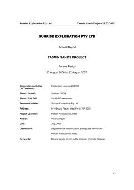 Sunrise Exploration Pty Ltd Tasmin Sands Project EL22/2005