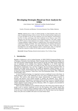 Developing Strategies Based on Swot Analysis for Smes Arlina Nurbaity Lubis 1, Marhayanie 2 and Beby Kendida Hasibuan 3 {Arlina@Usu.Ac.Id 1}