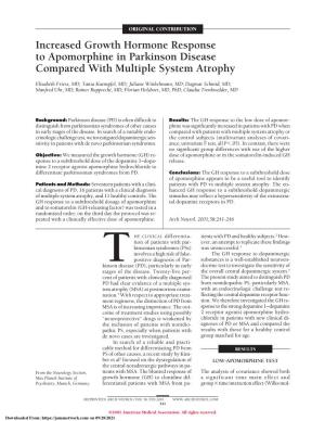 Increased Growth Hormone Response to Apomorphine in Parkinson Disease Compared with Multiple System Atrophy