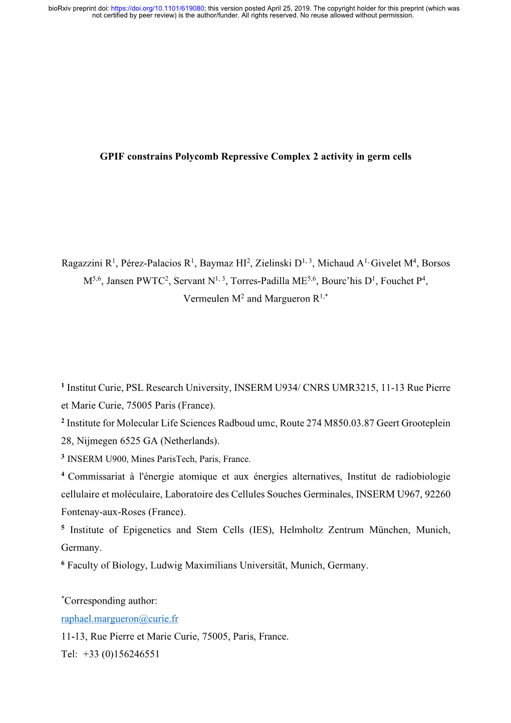 GPIF Constrains Polycomb Repressive Complex 2 Activity in Germ Cells