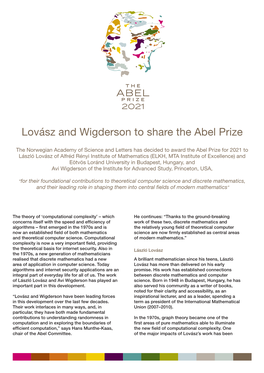 Lovász and Wigderson to Share the Abel Prize