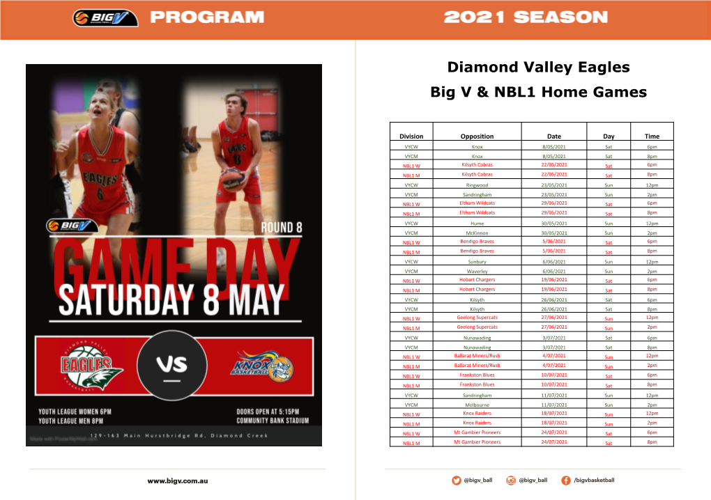 Diamond Valley Eagles Big V & NBL1 Home Games