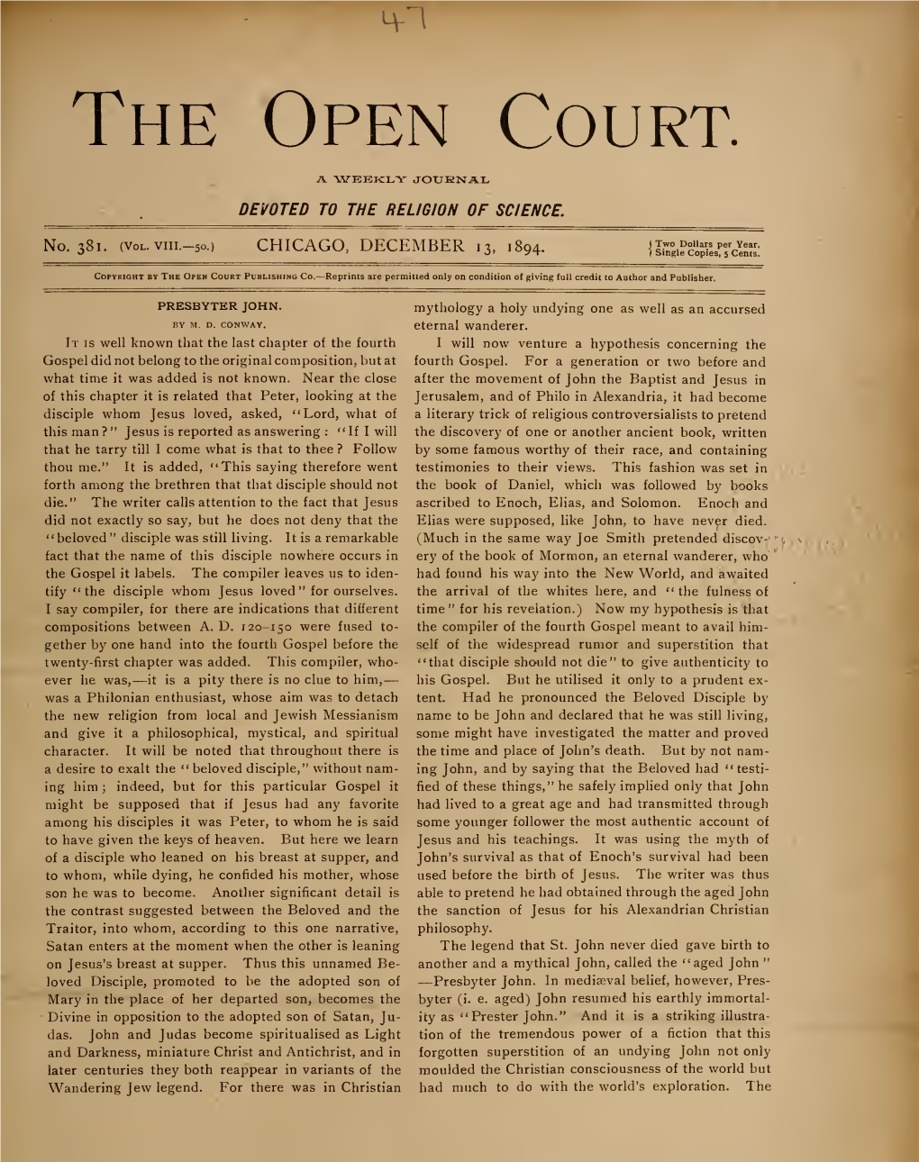 The Open Court. a "WEEKLY JOUENAL