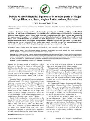 Daboia Russelii (Reptilia: Squamata) in Remote Parts of Gujjar Village Miandam, Swat, Khyber Pakhtunkhwa, Pakistan 1,2,*Wali Khan and 2Bashir Ahmad