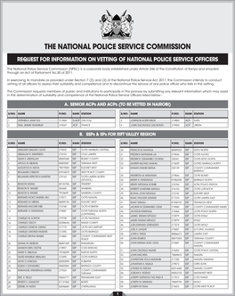 Request for Information on Vetting of National Police Service Officers