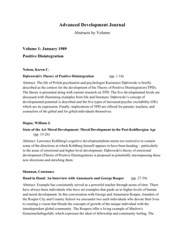 Advanced Development Journal Abstracts by Volume