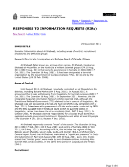 Information About Al-Shabaab, Including Areas of Control, Recruitment Procedures and Affiliated Groups