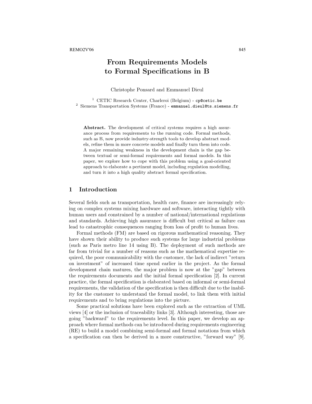 From Requirements Models to Formal Specifications in B