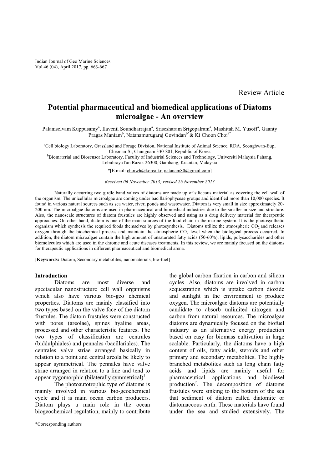 Potential Pharmaceutical and Biomedical Applications of Diatoms Microalgae - an Overview