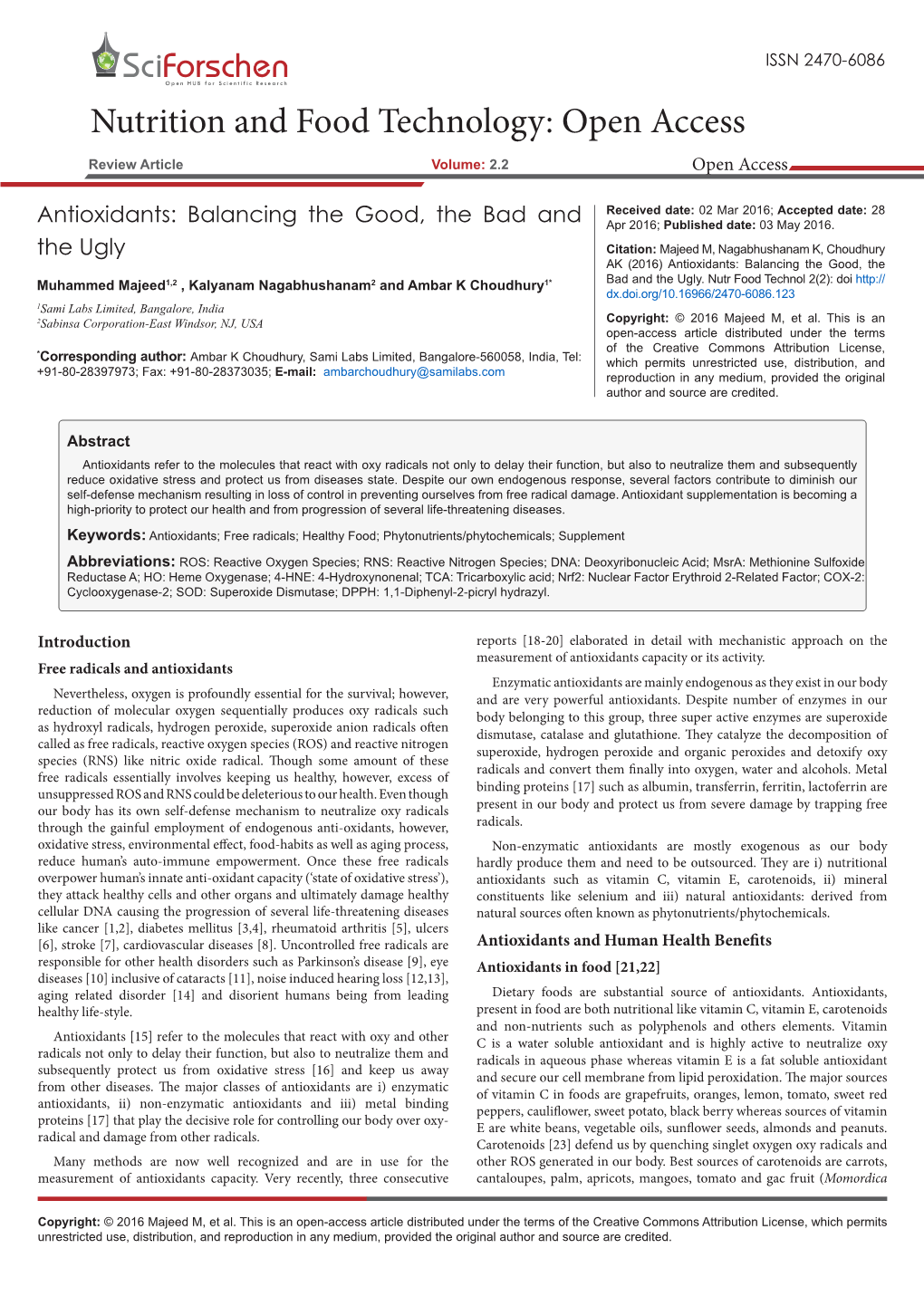 Antioxidants: Balancing the Good, the Bad and Apr 2016; Published Date: 03 May 2016