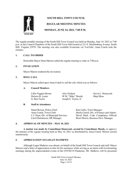 South Hill Town Council Regular Meeting Minutes