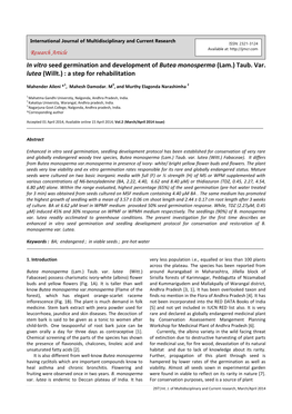 In Vitro Seed Germination and Development of Butea Monosperma (Lam.) Taub