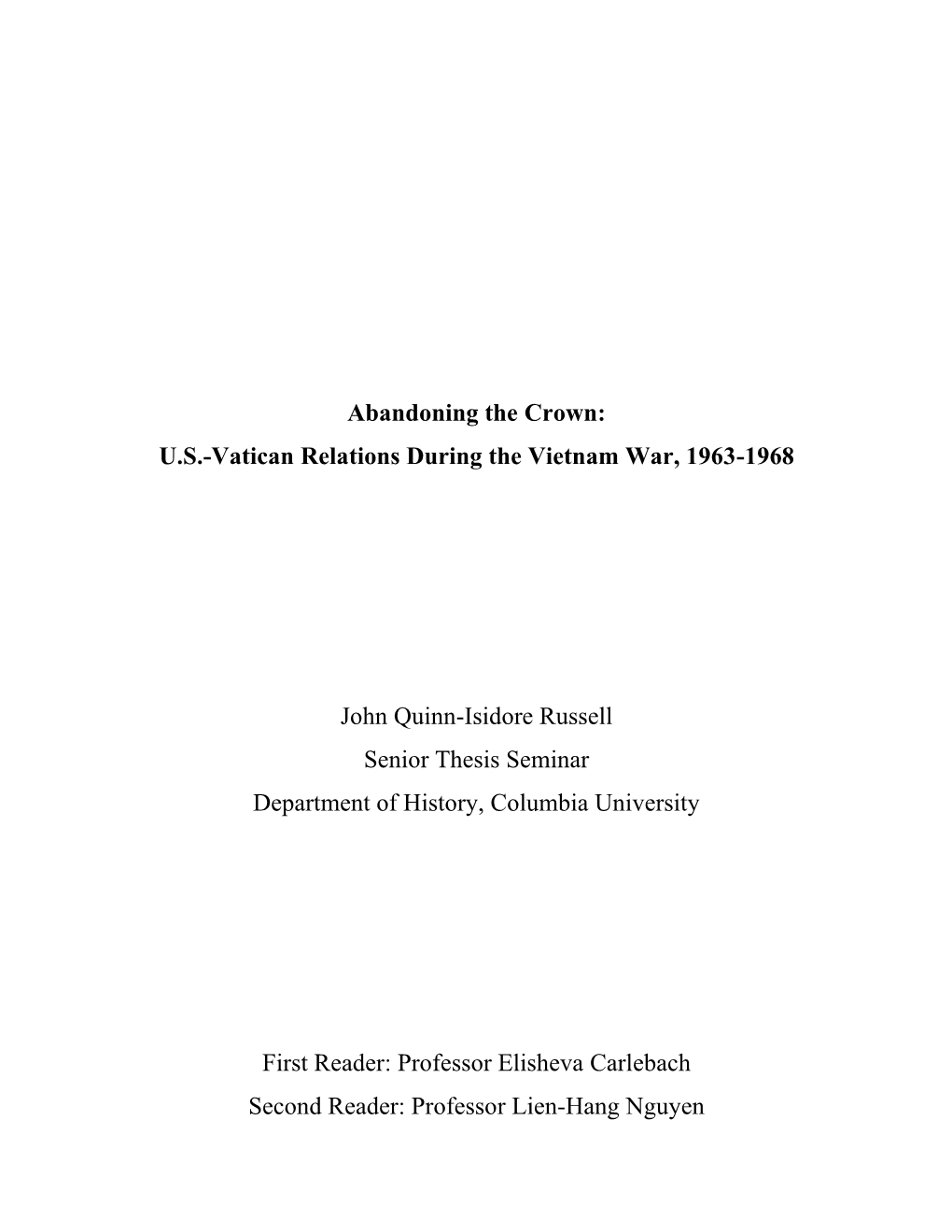 U.S.-Vatican Relations During the Vietnam War, 1963-1968