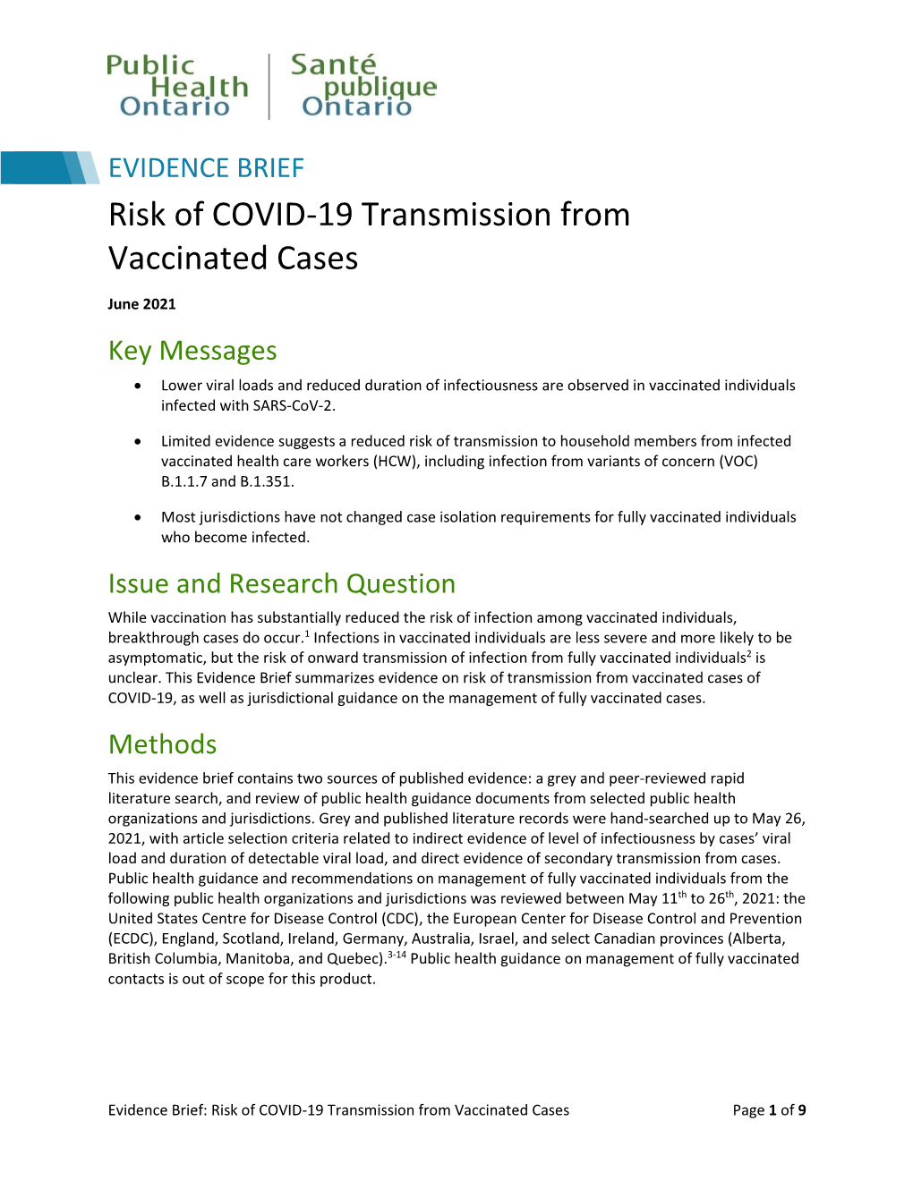 Evidence Brief: Risk of COVID-19 Transmission from Vaccinated Cases Page 1 of 9