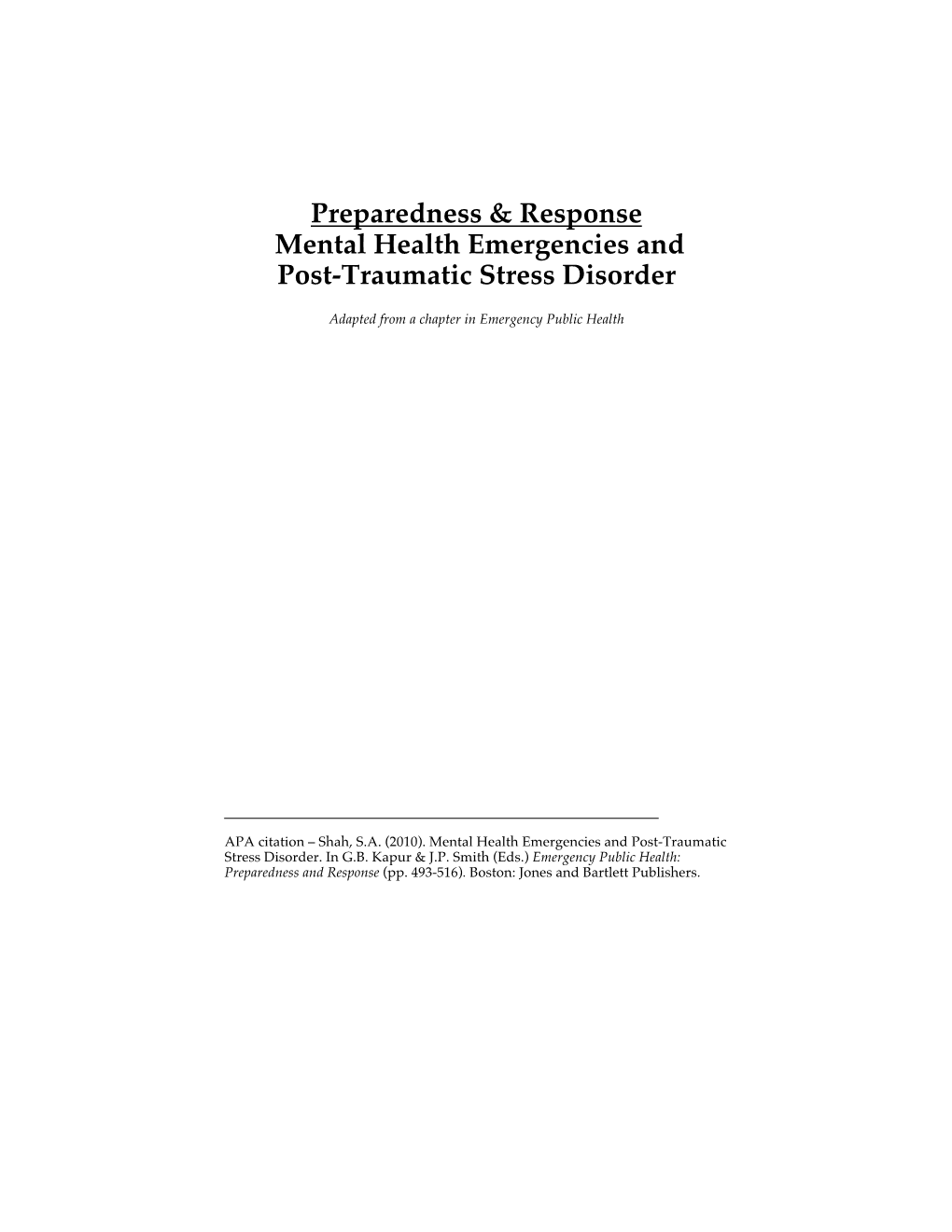 Preparedness & Response Mental Health Emergencies and Post