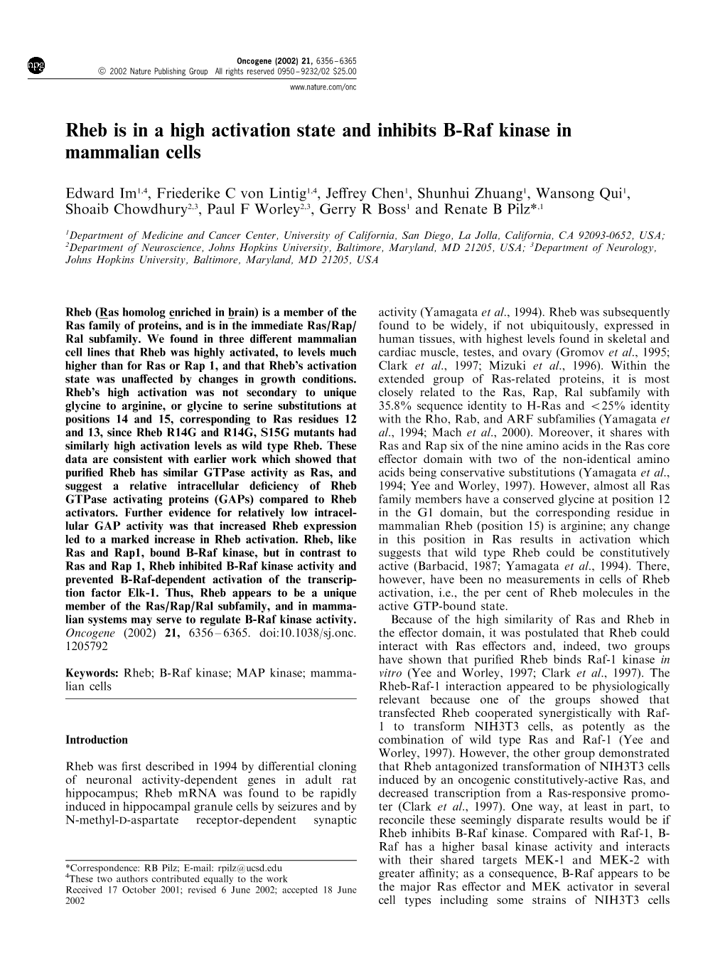 Rheb Is in a High Activation State and Inhibits B-Raf Kinase in Mammalian Cells