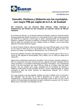 PIB MUNICIPAL 2010. Zamudio, Zierbena Y Olaberria Son Los Municipios Con Mayor PIB Per Cápita De La C.A. De Euskadi