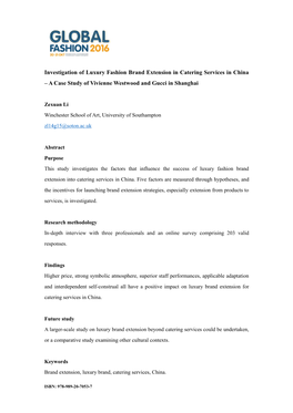 Investigation of Luxury Fashion Brand Extension in Catering Services in China – a Case Study of Vivienne Westwood and Gucci in Shanghai