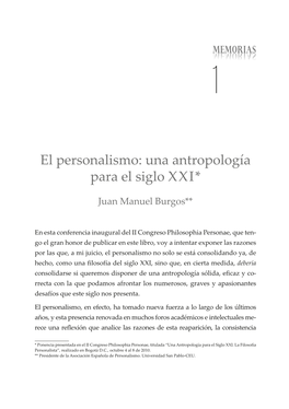 El Personalismo: Una Antropología Para El Siglo XXI*