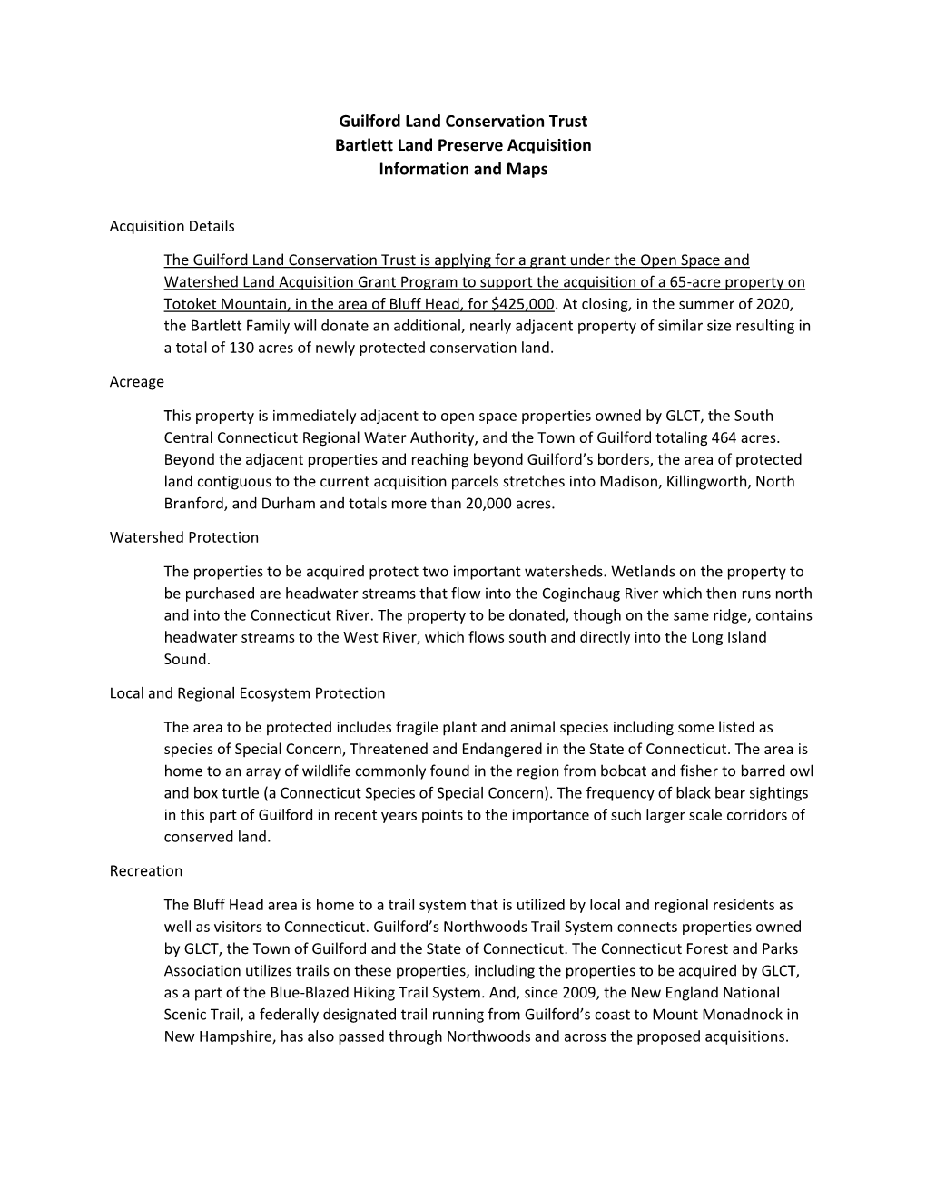 Guilford Land Conservation Trust Bartlett Land Preserve Acquisition Information and Maps