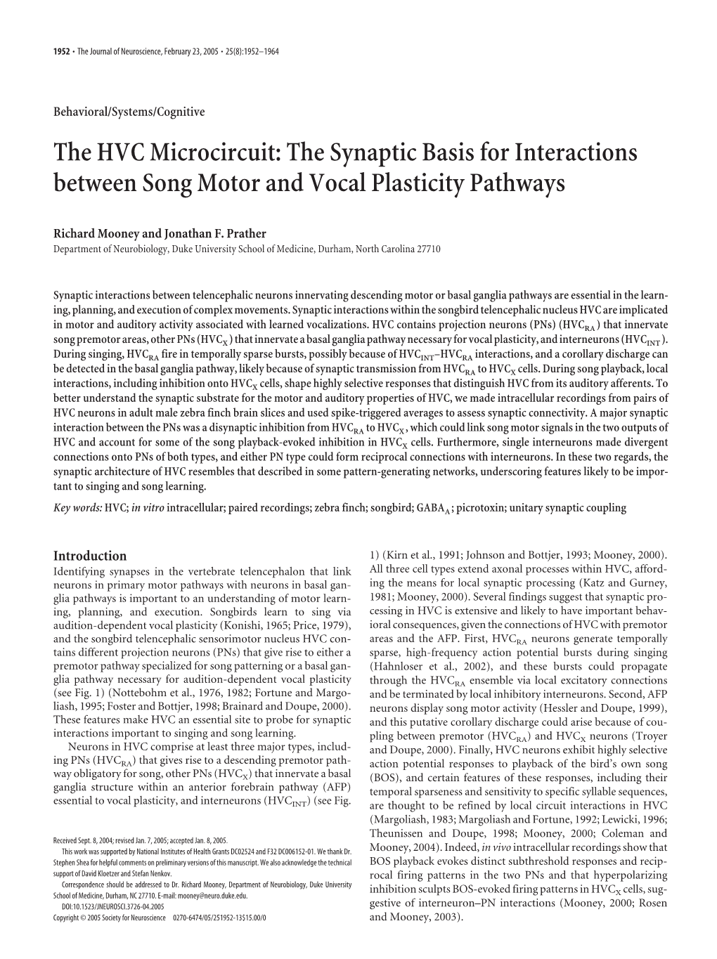 The HVC Microcircuit: the Synaptic Basis for Interactions Between Song Motor and Vocal Plasticity Pathways