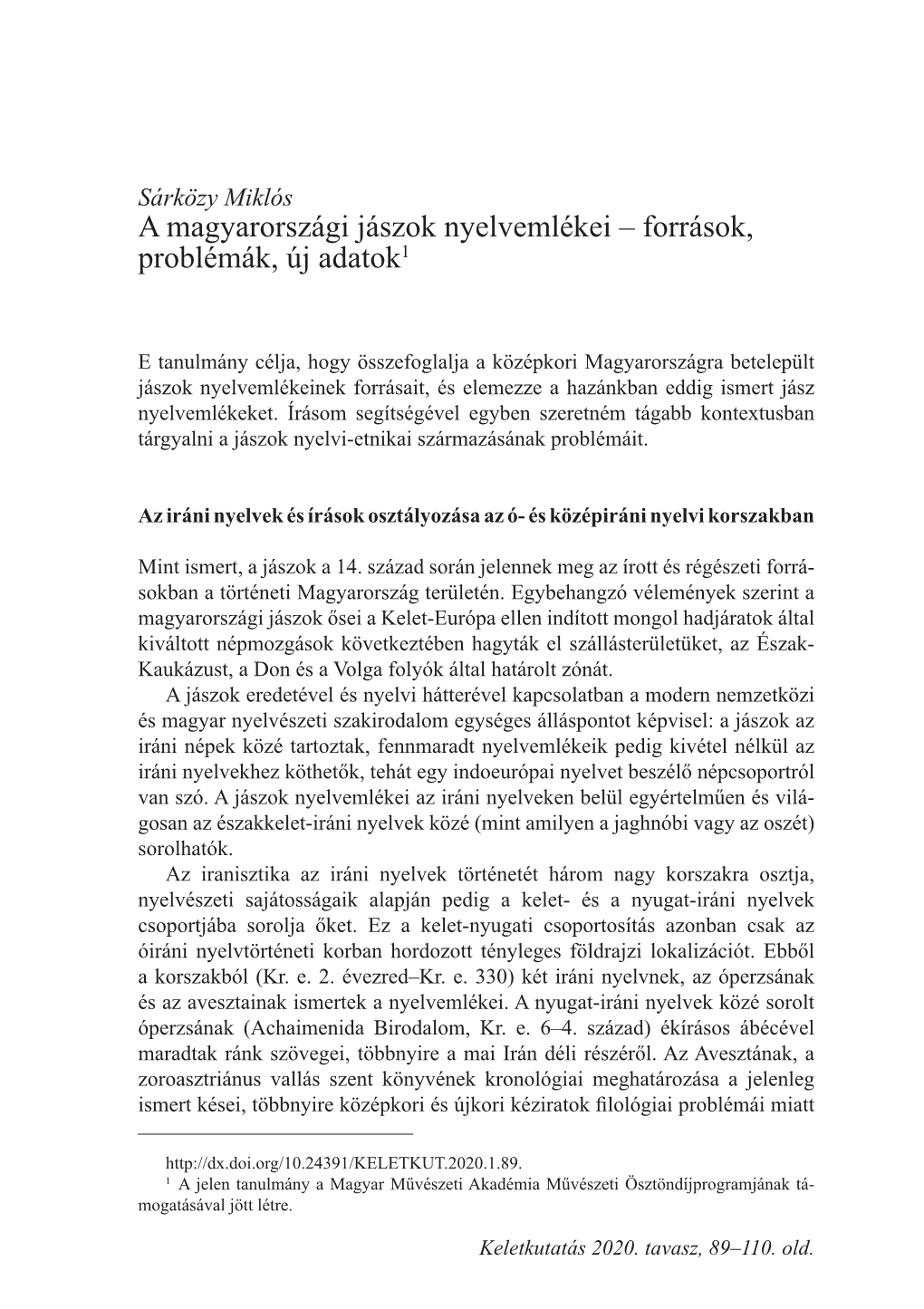 A Magyarországi Jászok Nyelvemlékei – Források, Problémák, Új Adatok1