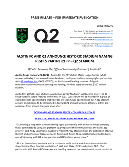 Austin Fc and Q2 Announce Historic Stadium Naming Rights Partnership – Q2 Stadium