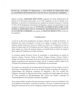 Punto De Acuerdo En Respuesta a Los Daños Ocasionados Por El Fenómeno Meteorológico Trudyen El Estado De Guerrero